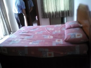 Four bedrooms. All the beds are sized double or bigger. All the beds have drawers under them for more storage.