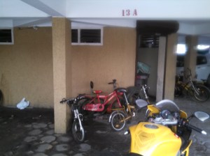 We found the bikes of the other kids who live in the apartments in the carpark (parking lot). That's where the kids ride them. Usually  they have signs up warning the drivers to watch out for the children. This is their safe place to ride.