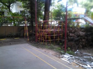 I know this playground equipment looks a little scary but compared to a lot that we've seen, it's at the top of the list. Not sure how much my boys would want to play on it anyway. 